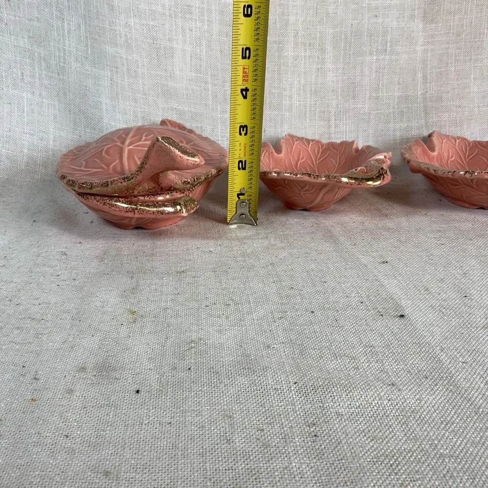 Vtg Set of 4 Pink Coral Leaf Ashtrays Bowl Lid Gold Trim California Pottery #738